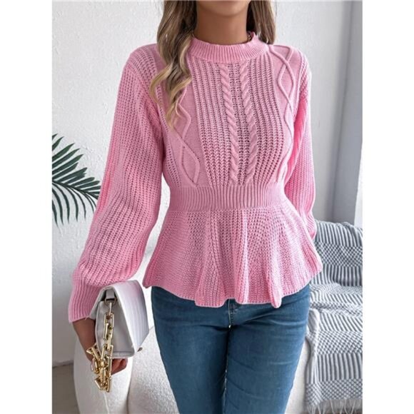 Cable Knit Round Neck Peplum Sweater - Picture 8 of 16